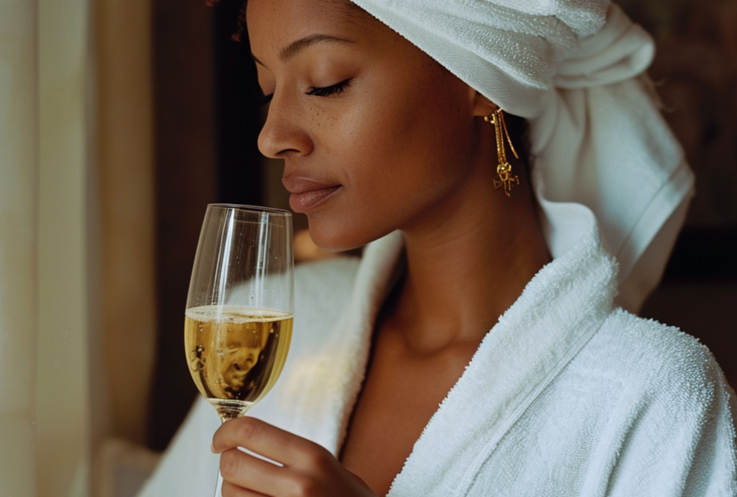 Black woman in white robe holding glass of champagne